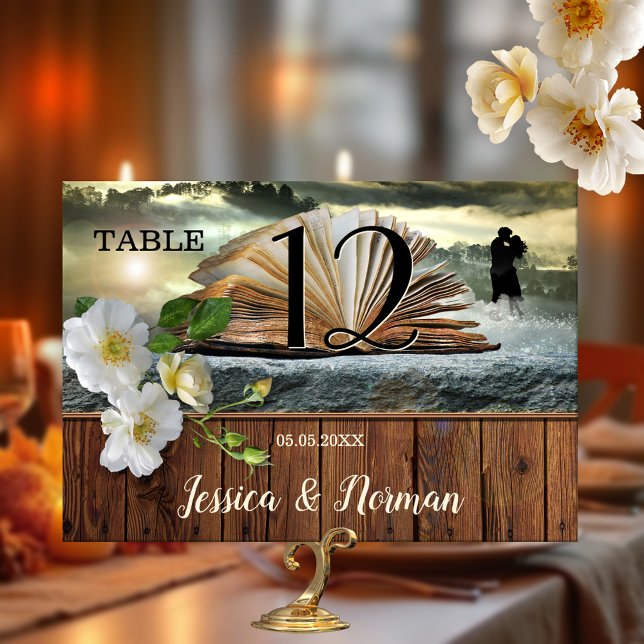 Romantic Book Lovers Table Number Card (Romantic love story table number card with a book theme and roses on rustic wood)