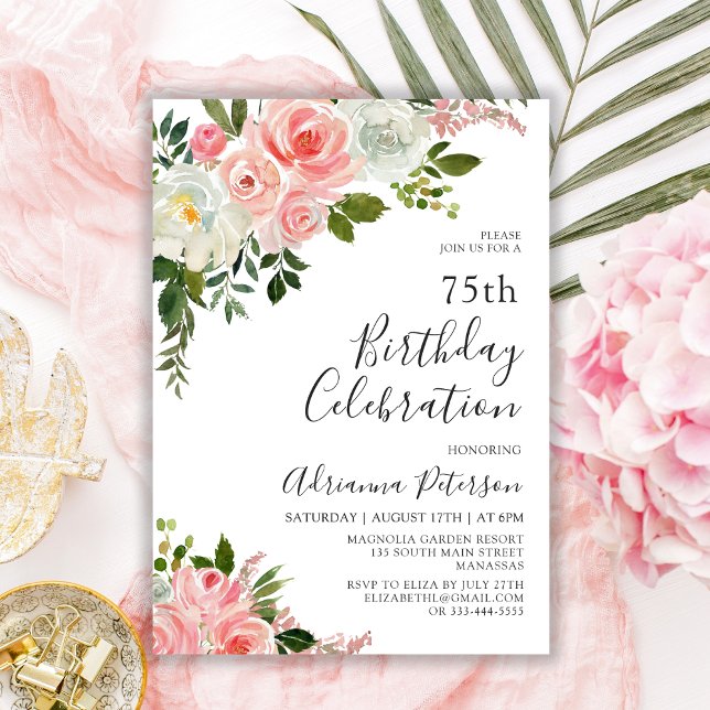 Romantic Botanical Blush Rose Floral 75th Birthday Invitation (Creator Uploaded)