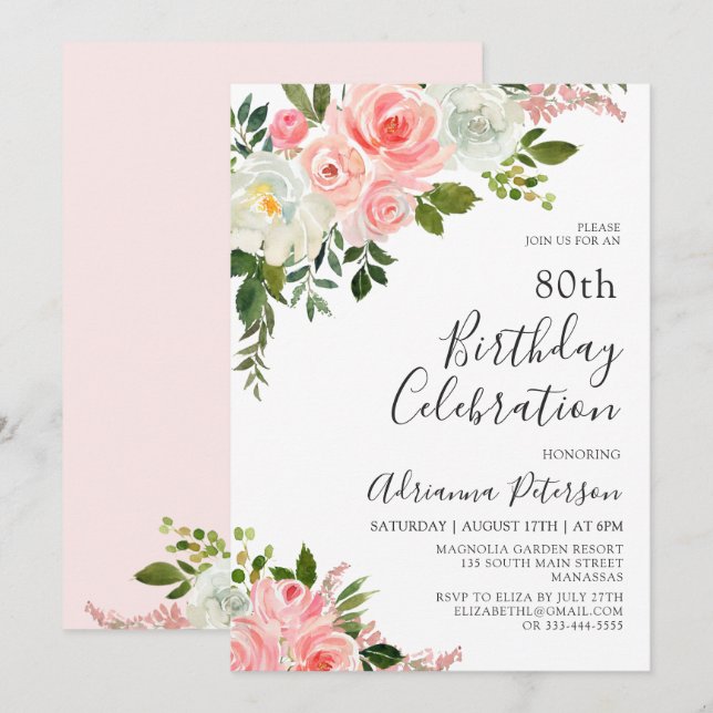 Romantic Botanical Blush Rose Floral 80th Birthday Invitation (Front/Back)