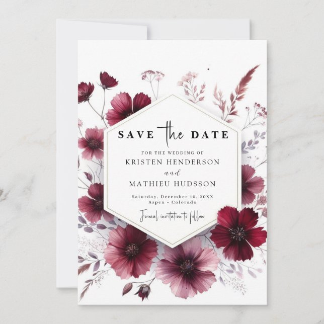 Romantic Botanical Burgundy Wedding Save The Date (Front)