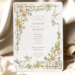 Romantic Botanical Floral & Bird Wedding Invitation
