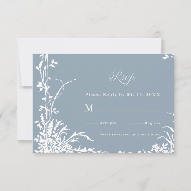 Romantic Botanical Garden Dusty Blue Wedding RSVP Card (Front)