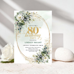 Romantic Botanical Gold 80th Birthday Invitation