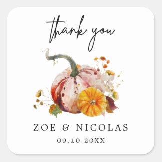 Romantic Botanical Pumpkin & Flowers Thank You Square Sticker
