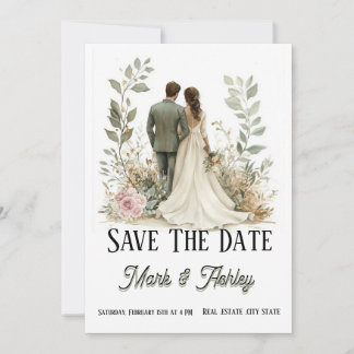 Romantic Botanical Save The Date | Bride & Groom