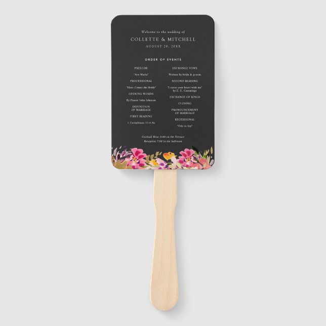 Romantic Bouquet Hot Pink Black Wedding Program Hand Fan (Front)