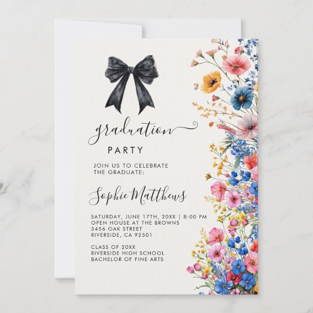 Romantic bow pastel wild flowers spring graduation invitation (Front)