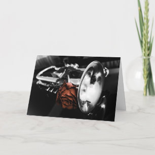 Romantic Brass, cornet and red rose greetings card