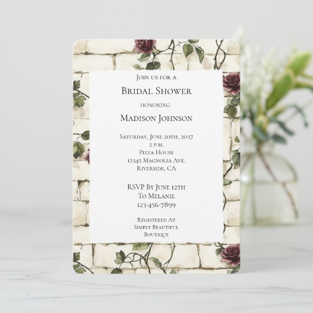 Romantic Brick Wall Red Roses Bridal Shower Invitation (Standing Front)