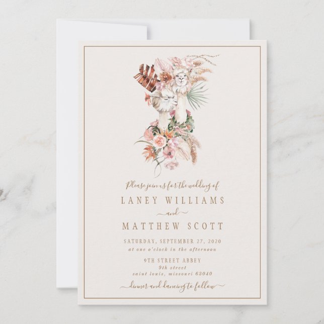 Romantic Bridal Couple Llama Unique Wedding Invitation (Front)