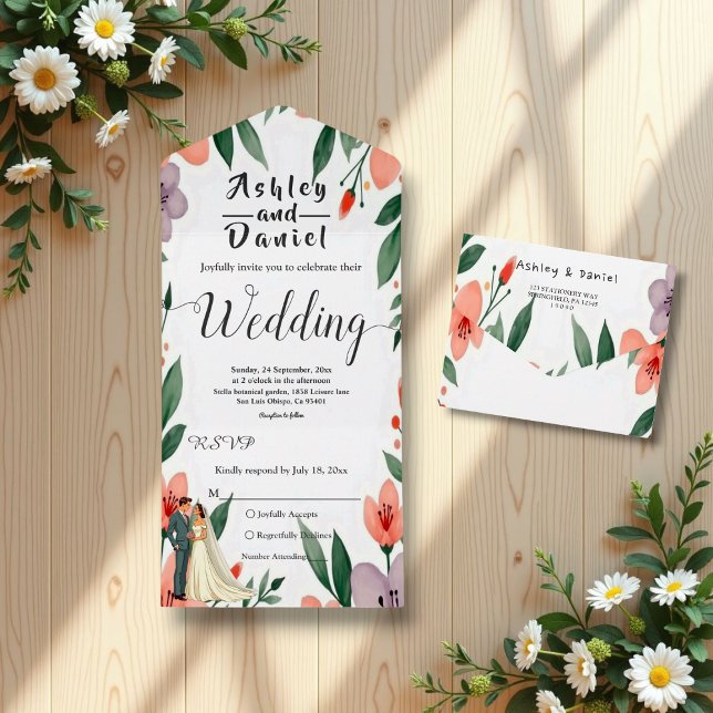 Romantic Bride And Groom Floral Garden Wedding All In One Invitation (Creator Uploaded)