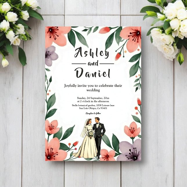 Romantic Bride And Groom Floral Garden Wedding Invitation (Creator Uploaded)