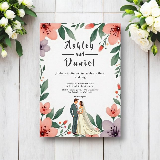 Romantic Bride And Groom Floral Garden Wedding Invitation (Creator Uploaded)