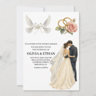 Romantic Bride & Groom Doves Rose Wedding Invitation