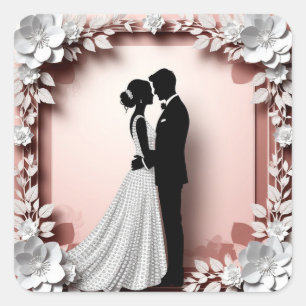 Romantic Bride Groom Embrace Wedding Silhouette Square Sticker