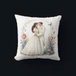 Romantic Bride Groom Floral Elegant Wedding Couple Cushion<br><div class="desc">Romantic watercolor-style bride and groom embracing forehead-to-forehead in elegant off-shoulder wedding gown and tuxedo, framed by delicate floral vines, roses, wildflowers, butterflies and soft pastel garden background. Ethereal, dreamy, vintage-inspired illustration perfect for wedding decor, anniversary gifts, romantic wall art, bridal shower, invitations, canvas prints, posters, t-shirts, mugs, pillows, tote bags...</div>