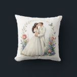 Romantic Bride Groom Floral Elegant Wedding Couple Cushion<br><div class="desc">Romantic watercolor-style bride and groom embracing forehead-to-forehead in elegant off-shoulder wedding gown and tuxedo, framed by delicate floral vines, roses, wildflowers, butterflies and soft pastel garden background. Ethereal, dreamy, vintage-inspired illustration perfect for wedding decor, anniversary gifts, romantic wall art, bridal shower, invitations, canvas prints, posters, t-shirts, mugs, pillows, tote bags...</div>