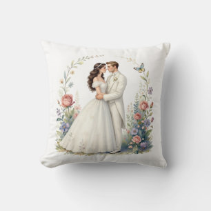 Romantic Bride Groom Floral Elegant Wedding Couple Cushion