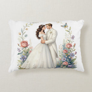Romantic Bride Groom Floral Elegant Wedding Couple Decorative Cushion