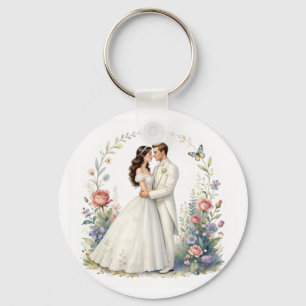 Romantic Bride Groom Floral Elegant Wedding Couple Key Ring