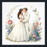 Romantic Bride Groom Floral Elegant Wedding Couple Photo Print<br><div class="desc">Romantic watercolor-style bride and groom embracing forehead-to-forehead in elegant off-shoulder wedding gown and tuxedo, framed by delicate floral vines, roses, wildflowers, butterflies and soft pastel garden background. Ethereal, dreamy, vintage-inspired illustration perfect for wedding decor, anniversary gifts, romantic wall art, bridal shower, invitations, canvas prints, posters, t-shirts, mugs, pillows, tote bags...</div>