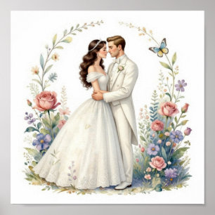 Romantic Bride Groom Floral Elegant Wedding Couple Poster