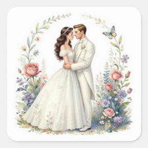 Romantic Bride Groom Floral Elegant Wedding Couple Square Sticker