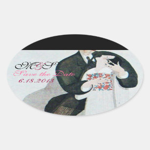 ROMANTIC BRIDE & GROOM SAVE DATE OVALE MONOGRAM OVAL STICKER