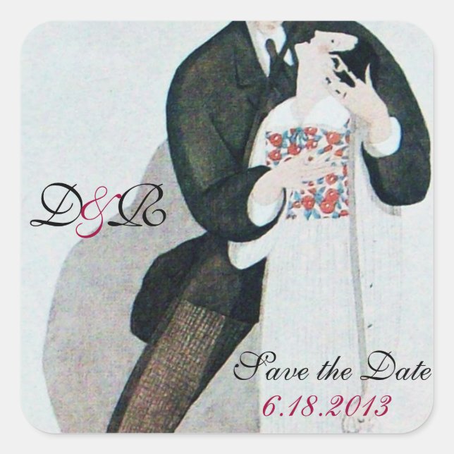 ROMANTIC BRIDE & GROOM SAVE THE DATE MONOGRAM SQUARE STICKER (Front)