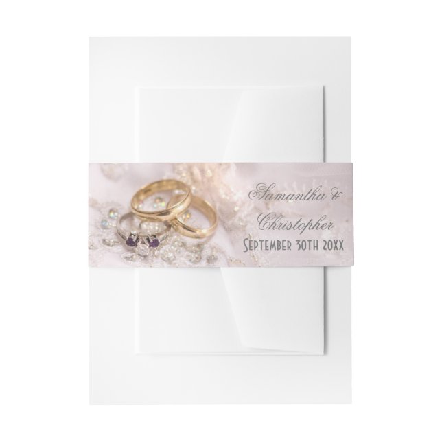 Romantic brides wedding rings invitation belly band (Front Example)