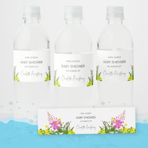 Romantic Bright Wildflower Script Baby Shower Water Bottle Label