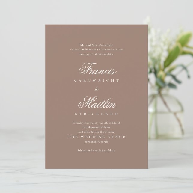 Romantic Brown Elegant Wedding Invitation (Standing Front)