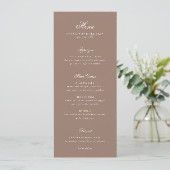 Romantic Brown Elegant Wedding Menu (Standing Front)