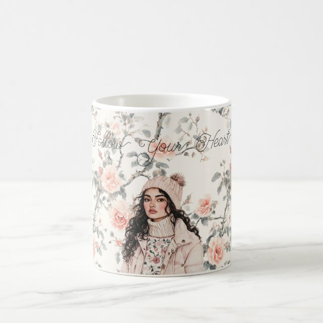 Romantic Brown Hair Girl in Hat Peach Roses Floral Coffee Mug (Center)