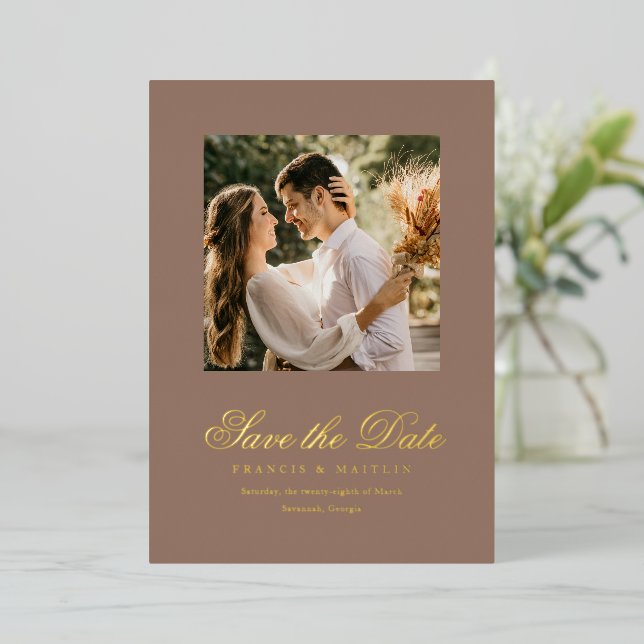 Romantic Brown Photo Elegant Wedding Save the Date (Standing Front)