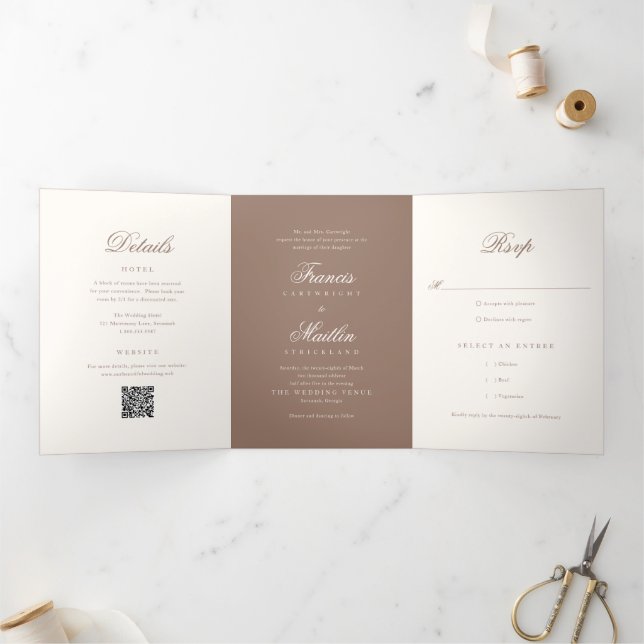 Romantic Brown QR Code Elegant Wedding Tri-Fold Invitation (Inside)