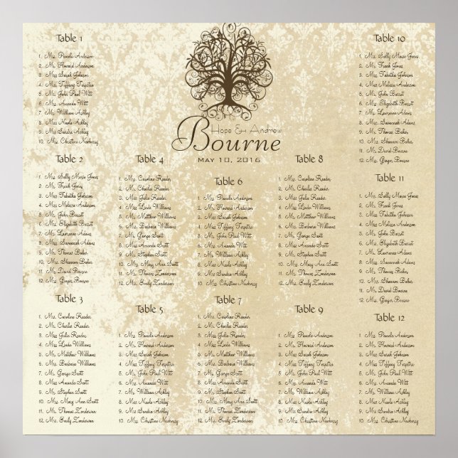 Romantic Brown Swirl Tree Seating Chart 12 Tables (Front)