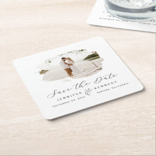 Romantic Brushed Frame Dark Grey Save the Date Squ Square Paper Coaster