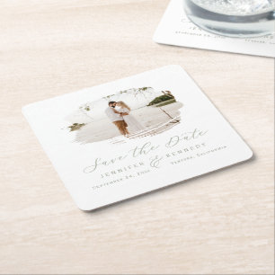Romantic Brushed Frame Sage Green Save the Date Square Paper Coaster