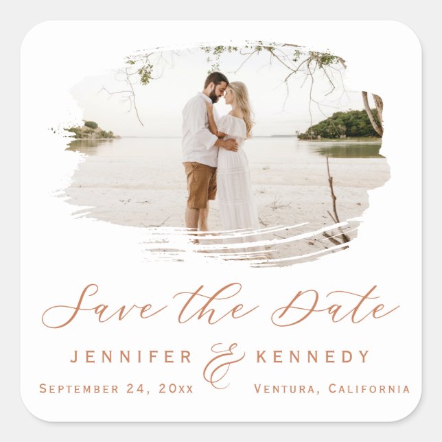 Romantic Brushed Frame Terracotta Save the Date Square Sticker (Front)