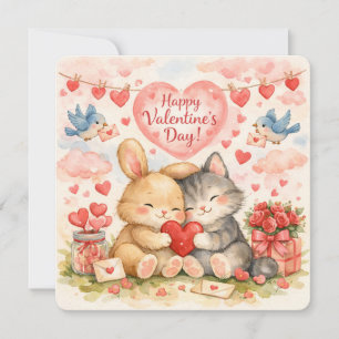 Romantic Bunny and Kitten Holding Heart Holiday Card