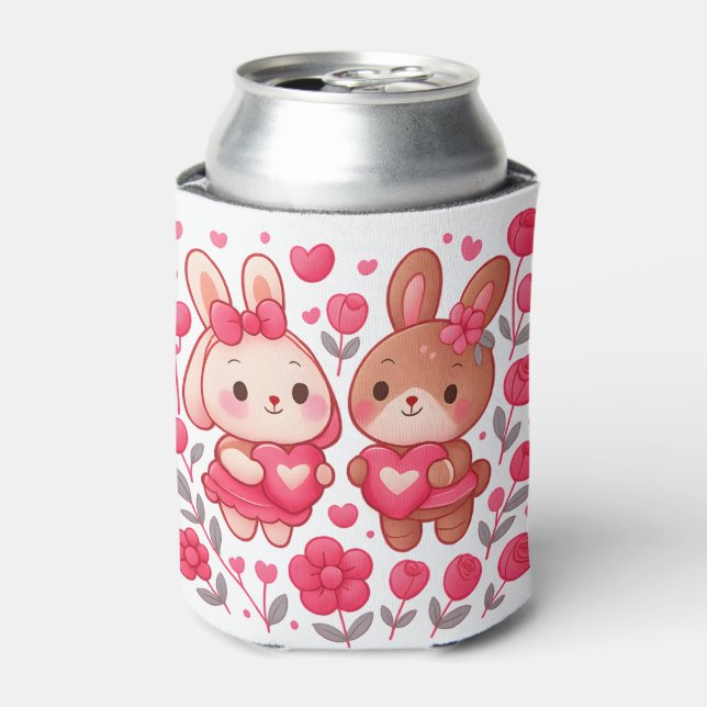 Romantic Bunny Couple Heart Can Cooler (Can Front)