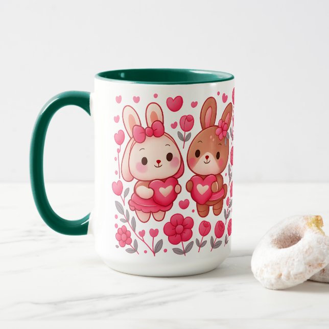 Romantic Bunny Couple Heart Ceramic Mug (With Donut)