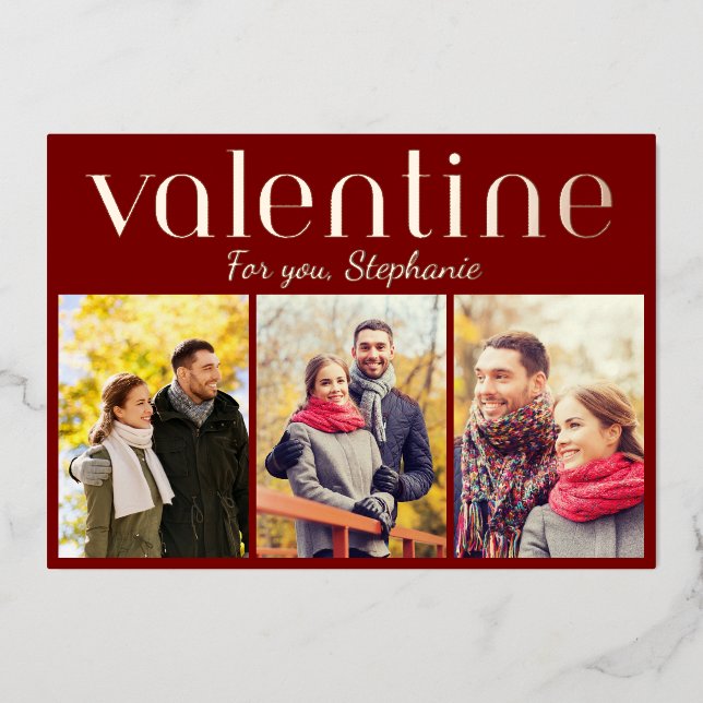 Romantic Burgundy 3 Photo Collage Valentine's Day Foil Holiday Card (Front)