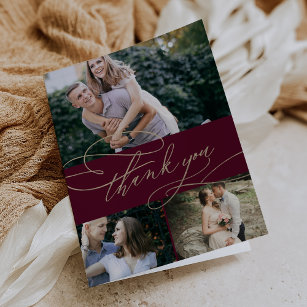Romantic Burgundy and Gold 3 Photo Collage Wedding Thank You Card