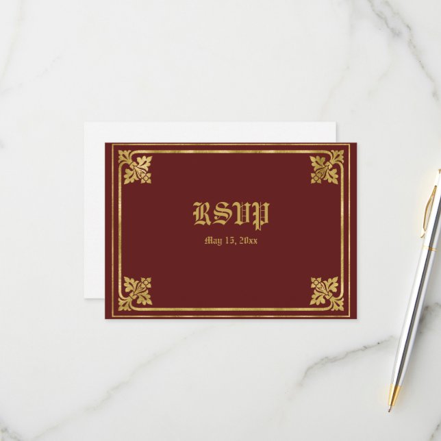 Romantic Burgundy and Gold Frame  RSVP Card (Front/Back In Situ)