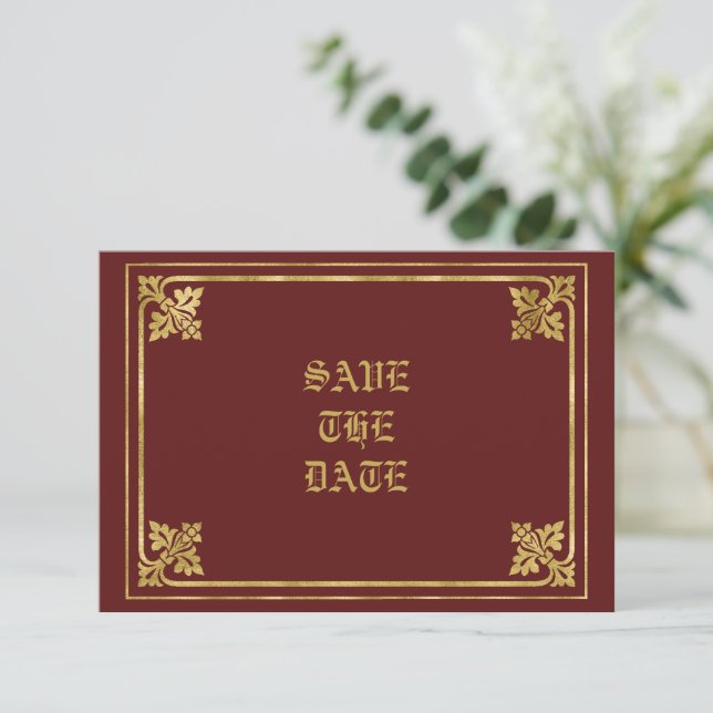 Romantic Burgundy and Gold Frame   Save The Date (Standing Front)