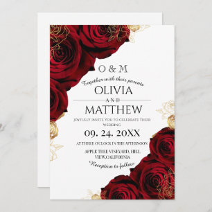 Romantic Burgundy and Gold ⎮ Red Rose Wedding Invitation