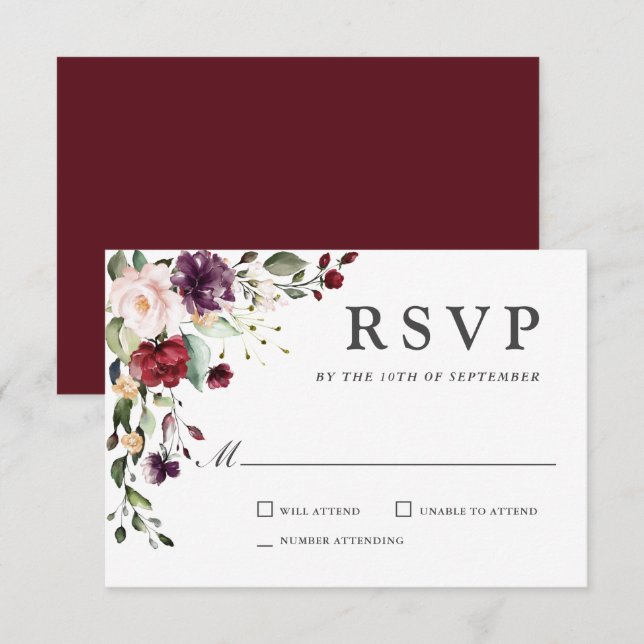 Romantic Burgundy and Plum Floral Wedding RSVP (Front/Back)