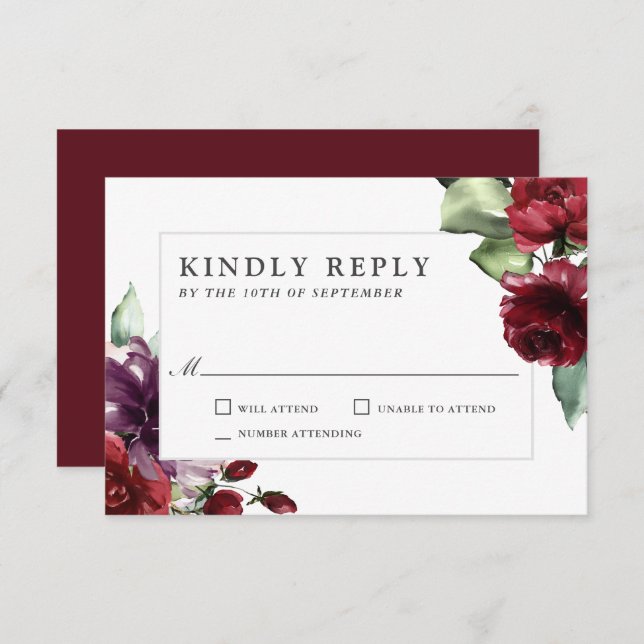 Romantic Burgundy and Plum Floral Wedding RSVP (Front/Back)